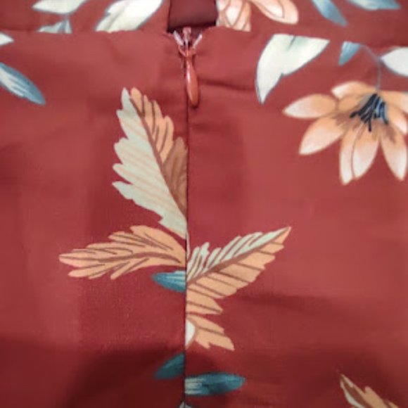 FOREVER 21 RUST WITH TAN AND YELLOW FLORAL PRINT LONG SLEEVE MIDLENGTH DRESS S - Picture 5 of 12